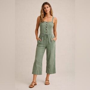 Sundry Green Linen Blend Button Front Wide Leg Jumpsuit Size 1